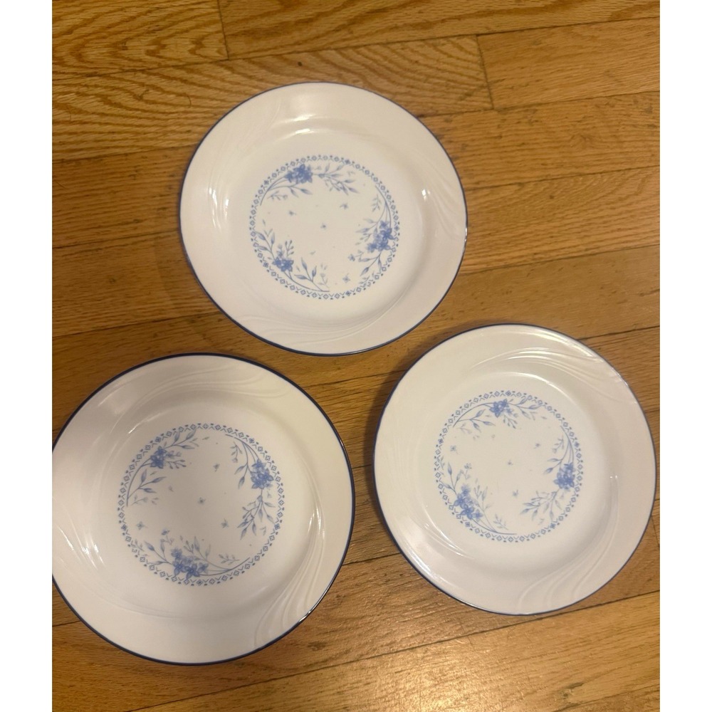 Corelle White & Blue Floral Round Glass 7" salad Plates Set of 3 Printed Glossy